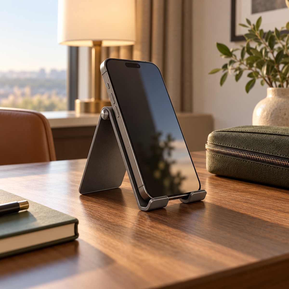 Slim Travel Phone Stand — AI-generated design illustration; phone and props not included
