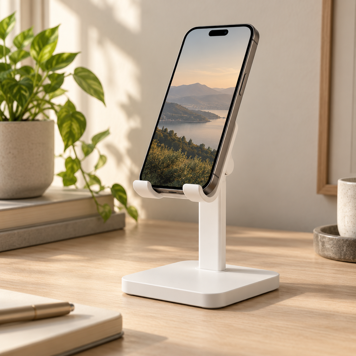 Square Base Phone Stand — AI-generated design illustration; phone and props not included