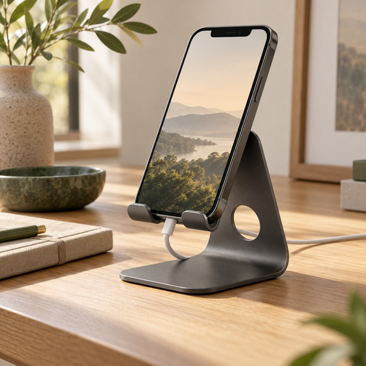 Arc Desk Phone Stand — AI-generated design illustration; phone and props not included