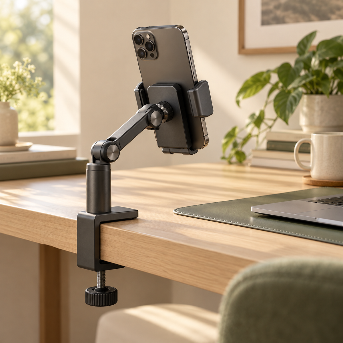 Clip On Desk Phone Holder — AI-generated design illustration; phone and props not included