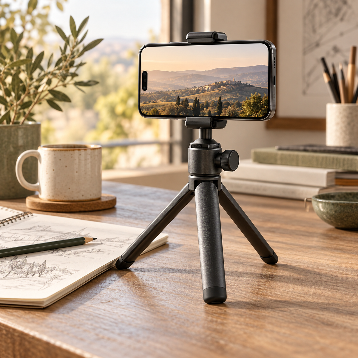 Compact Phone Tripod — AI-generated design illustration; phone and props not included