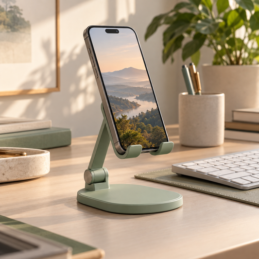 Pivot Desk Phone Stand — AI-generated design illustration; phone and props not included