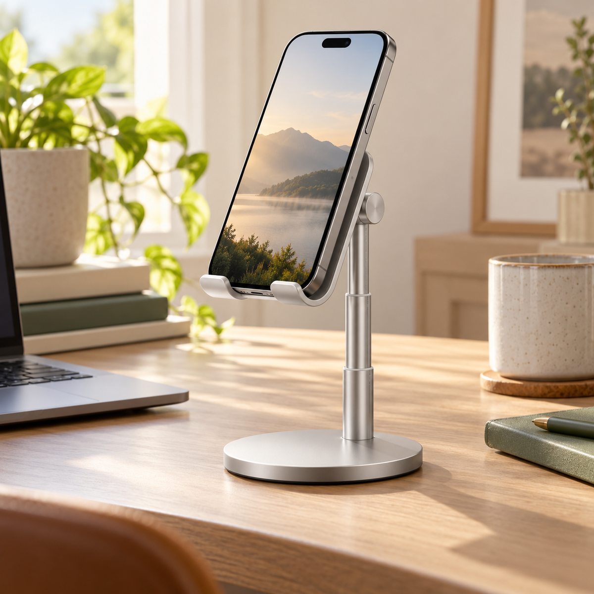 Rise Desktop Stand — AI-generated design illustration; phone and props not included